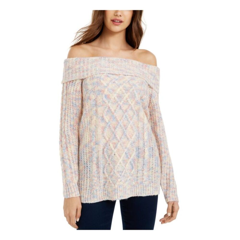 NO COMMENT Womens Top Pink Textured Long Sleeve Off Shoulder Printed Juniors L